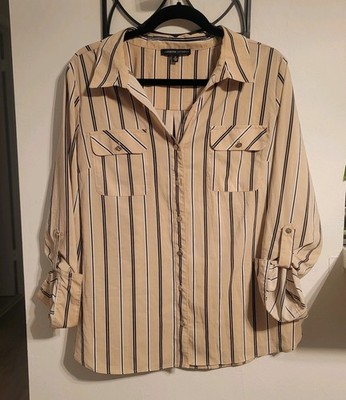 Adrienne Vittadini Button Down Womens XL Blouse V Neck Pinstripe Business Chic 