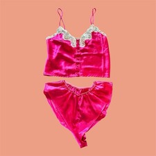 Vintage Victoria  s Secret Gold Label Pink Satin Beaded Lace Camisole Set 2 Piece