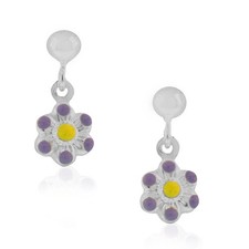925 Sterling Silver Purple Enamel Flower Girls Dangle Drop Earrings, 0.60"
