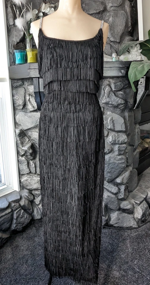 Vintage 50s 60s Floor Length Black Fringe Cocktail Dress Shimmy Party Wiggle S/M - Image 2 of 4
