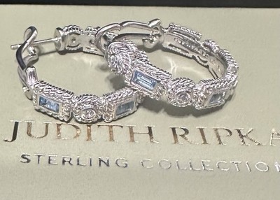 Judith Ripka 925 Sterling Silber Blautopas CZ Creolen klassisch gerippt