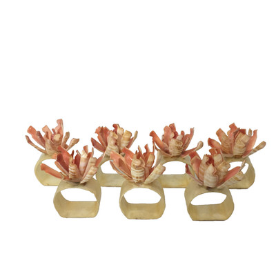 Vintage Flower Coral Color Capiz And Conch Shells Napkin Rings MCM Set of 7