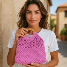 CROCHET PURSE PINK With Wood HANDLE