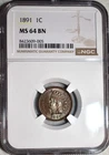 NGC MS-64 BN 1891 Indian Head Cent, Frosty, Lightly Toned specimen.