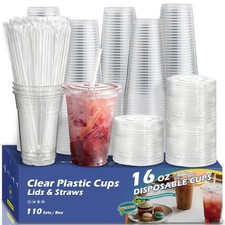 110 Pack Clear Plastic Cups with Lids and Straws, 16 oz Disposable Iced Coffe...