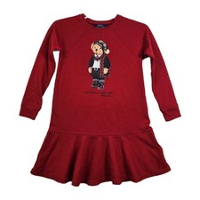 Polo Ralph Lauren Girls Red Polo Ski Bear Graphic Ruffle Dress Youth Med 8-10