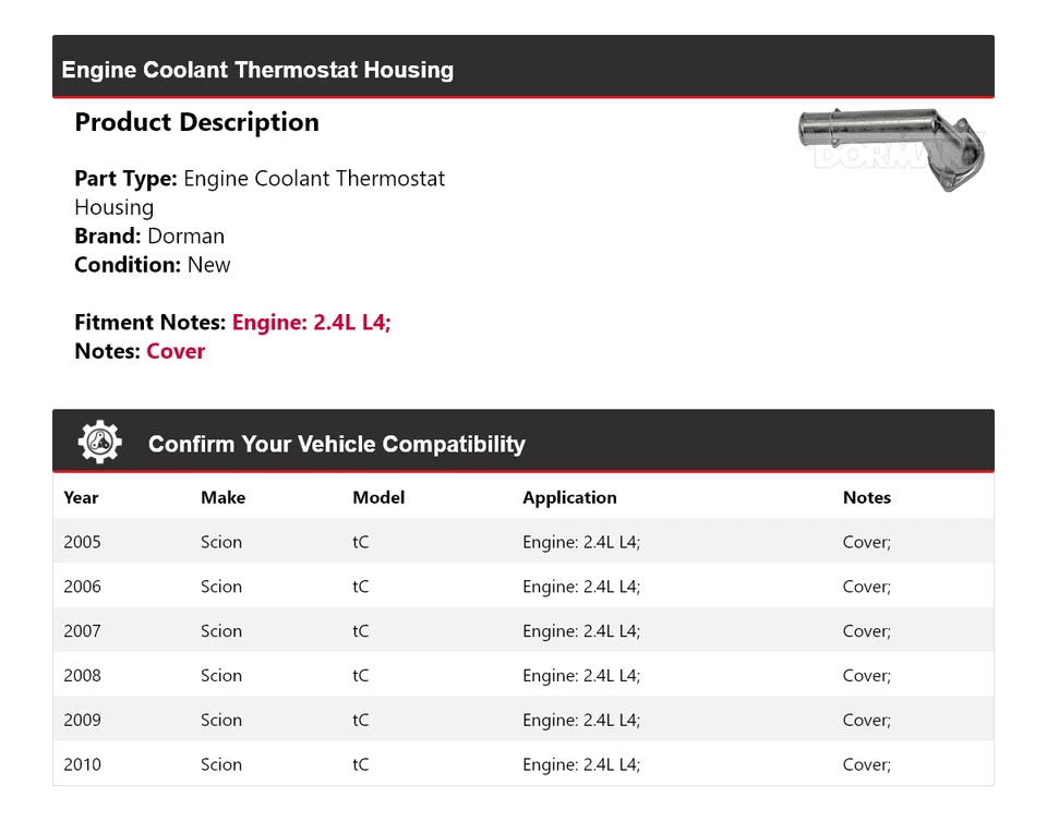 Carcasa termostato refrigerante motor Dorman 2,4 L L4 Scion tC 2005-2010 2006 Foto 2 de 4