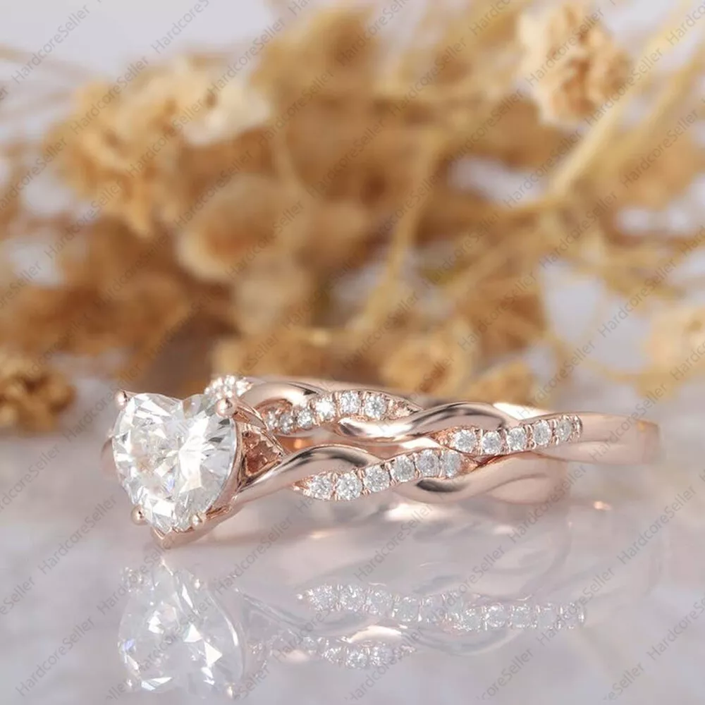 Heart shaped wedding rings bridal set gold deals