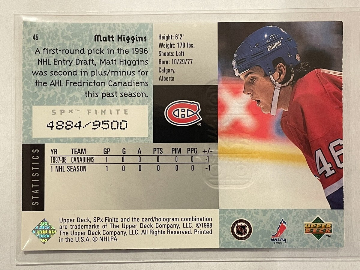 1998-99 SPx Finite Matt Higgins /9500 #45 Rookie RC Hockey 1998-99 SPx Finite Matt Higgins /9500 #45 Rookie RC Hockey