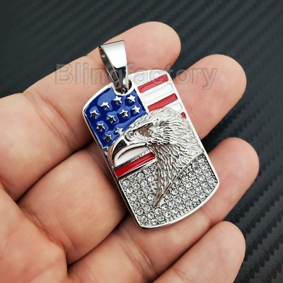 Iced Stainless steel American Flag Eagle Dog Tag Gold & Silver Tone Pendant