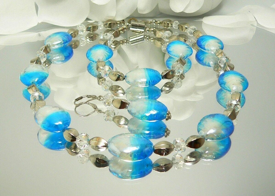 3er Schmuckset SCHIMMERND Silberfolie LAMPWORK Twist türkis weiß KRISTALL  449a - Bild 4 von 4