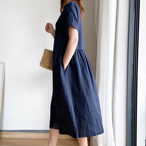 Womens Short Sleeve Solid Color Casual Baggy A-Line Swing Sundress Maxi Dress - Imagen 22 de 44