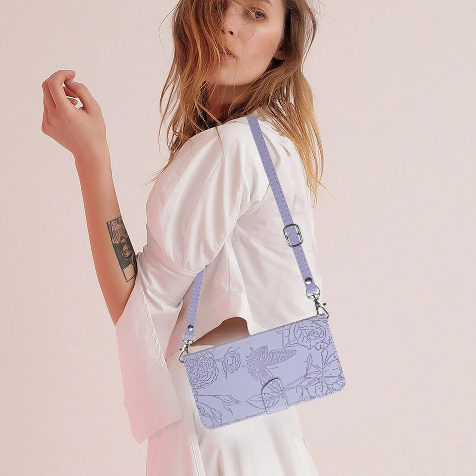 Crossbody Butterfly Card Wallet Phone Case For Samsung S23 Ultra A53 A13 A14 - Image 2 of 4