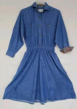 Vtg Anne Marie Denim Fit & Flare Long Sleeve Shirt Dress Sz S Paisley Trim  (ZE)