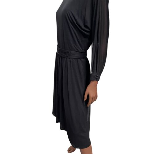 Robe Vintage Années 70 80 12-14 Noir Argent Rayé Midi Disco New Wave Ceinture - Picture 5 of 7