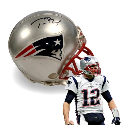 Tom Brady Signed Patriots Mini Helmet. Steiner TriStar Mounted Memories COA