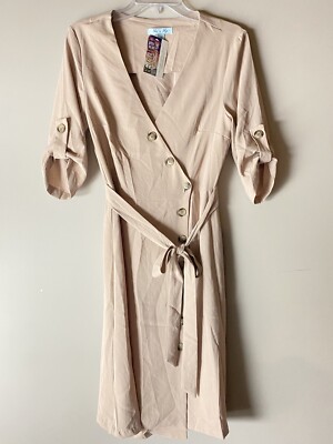 She + Sky Small Dress Tan Brown Button Up V Neck Half Sleeve New With Tags