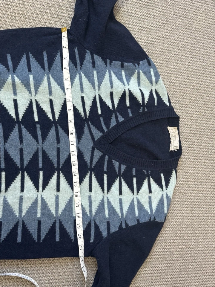 Vintage Men’s 1980s Paul Fourticq Blue Sweater Large Geometric Pattern - Image 2 of 4