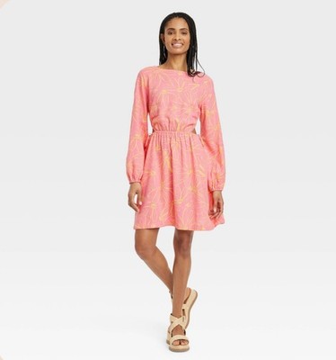 Universal Thread Dress Women XL Pink Yellow Floral Boho Long Sleeve Linen New