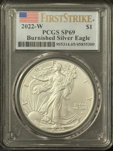 2022-W Burnished $1 American Silver Eagle PCGS SP69 First Strike Flag Label