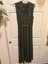 Sleeveless Olive Midi Shirt Dress with Decorative Belt