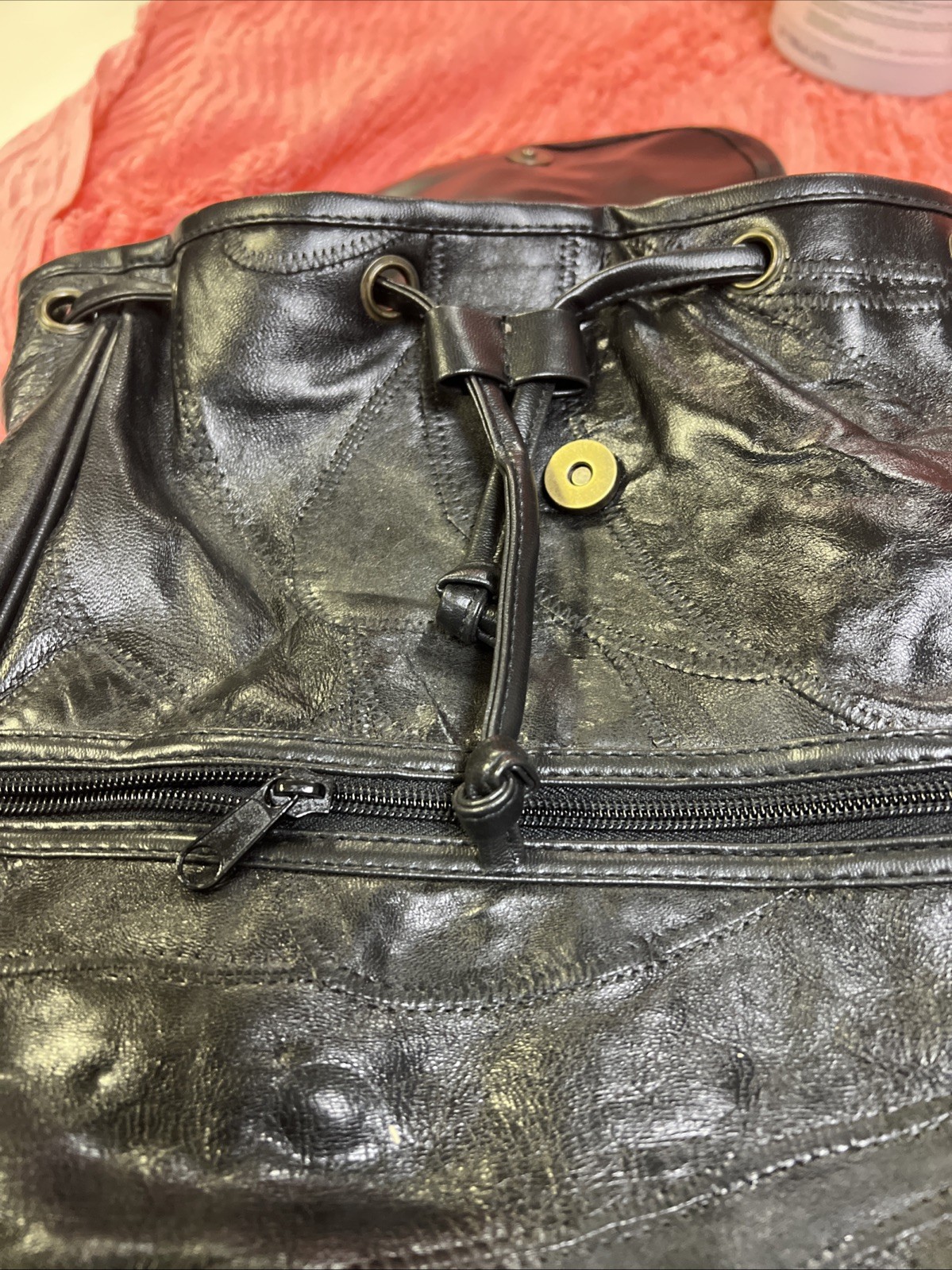 Vintage Black Patchwork Leather Backpack Gold Ton… - image 10