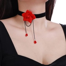 Red Rose Flower Choker Necklace Black Lace Ribbon Choker Vintage Victorian Costu