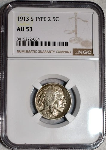 NGC AU-53 1913-S Type 2 Buffalo Nickel, Richly Hued, Key-Date specimen!