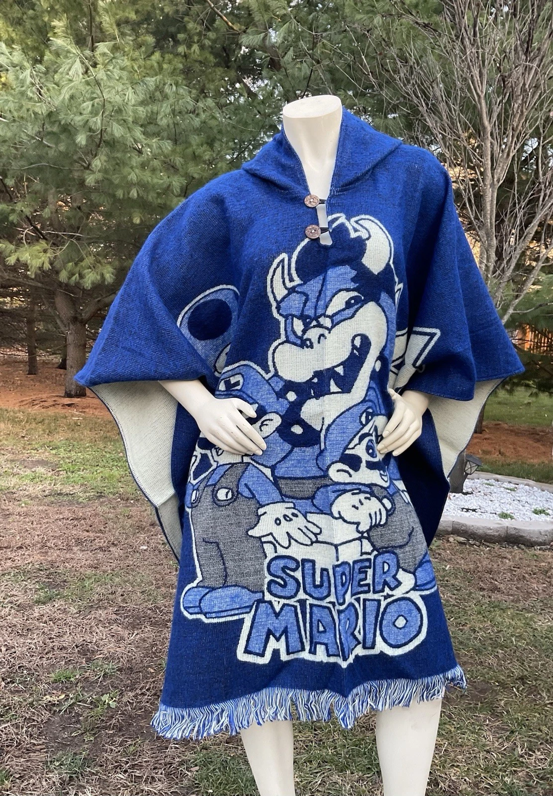 Alpaca Wool Poncho, Super Mario Bros, Blue, Unisex, Handmade By Indigenous Hand