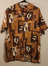 VTG Go Barefoot in Paradise HAWAIIAN SHIRT Orange+Brown FEET Design L