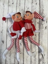 Vintage 9" Pixie Elf 2 Elves Felt Red White Christmas Retro Bows Striped