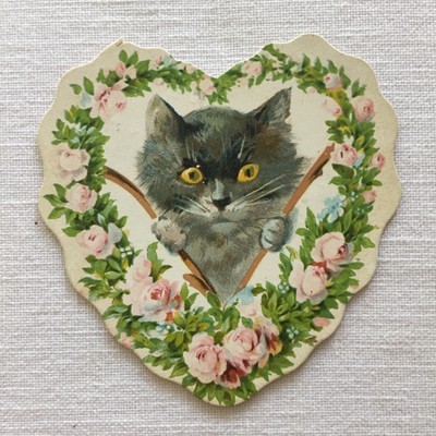 Cat Kitten Pink Roses Heart Loving Thoughts Poem 1908 Victorian Die Cut