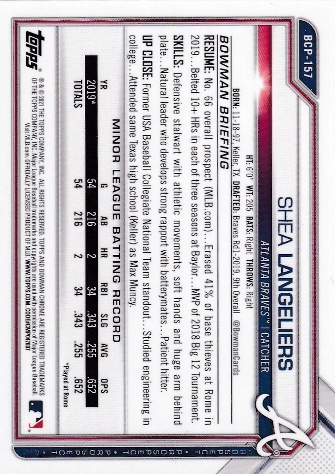 2021 Bowman Chrome Shea Langeliers BCP-157 Orange Refractor Braves serial #38/75 - Image 2 of 2