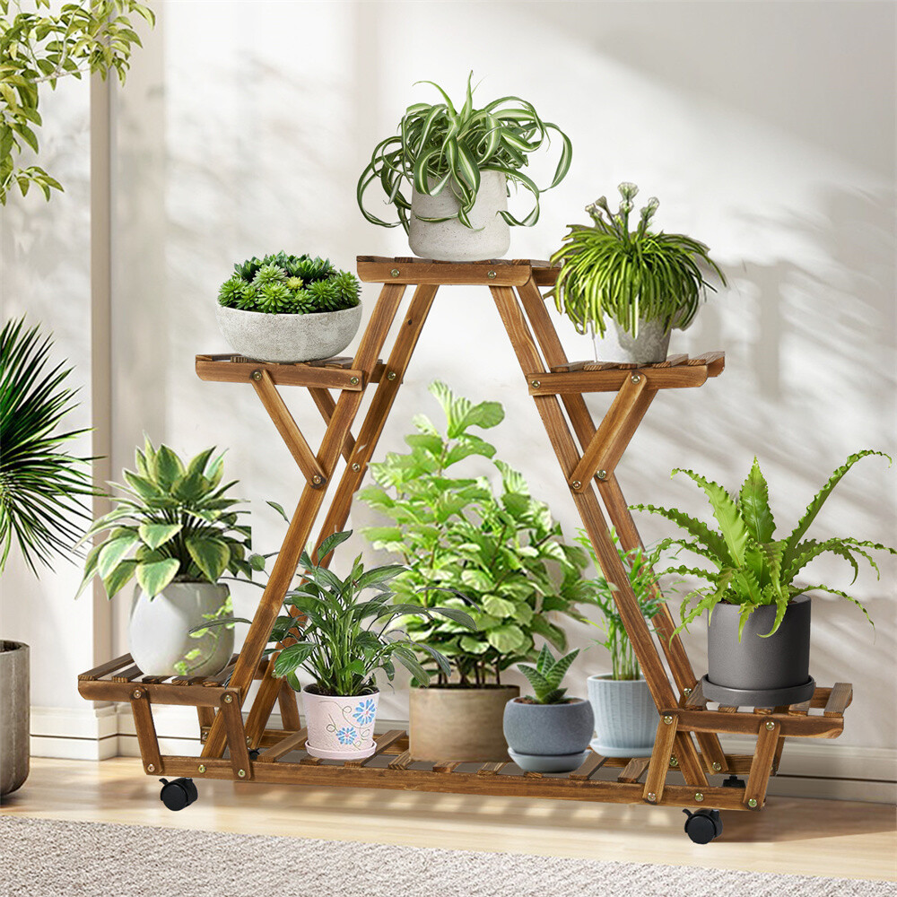 Mobile Tiered Wooden Plant Stand Pyramid Rolling Planter Pots Cart Ladder  Shelf