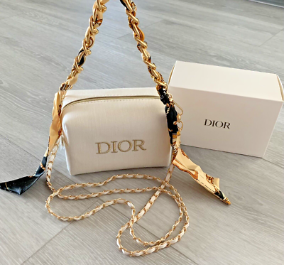 DIOR Denim Beige Makeup Pouch Bag Scarf Chain Crossbody Strap