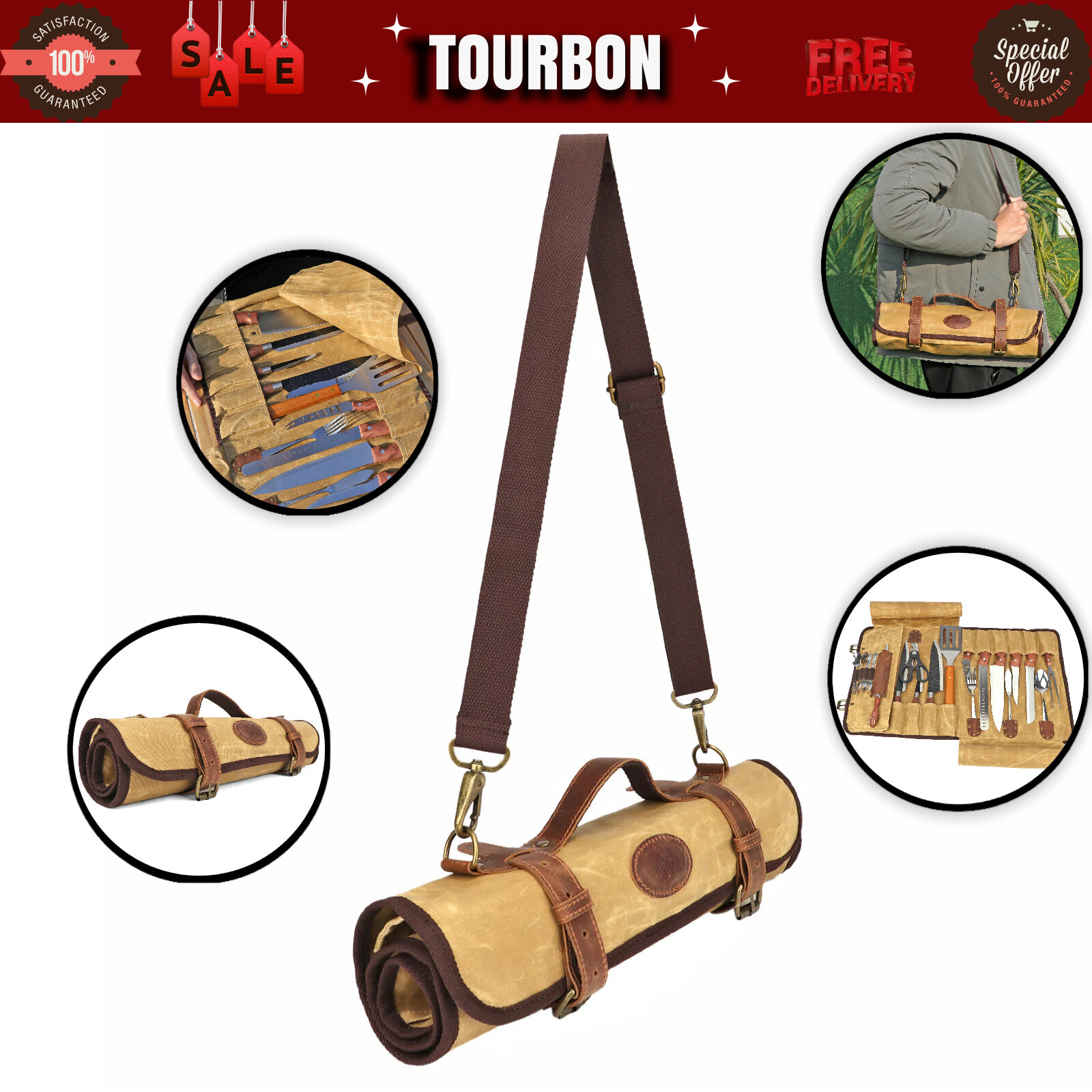 TOURBON Canvas Knives Roll Tools Carry Bag Chef  Knife Kits Storage Strap Pack