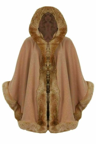 WOMEN CELEBRITY PONCHO LADIES DESIGNER FAUX FUR TRIM HOODED CAPE SHAWL UK 1size - Picture 8 of 13