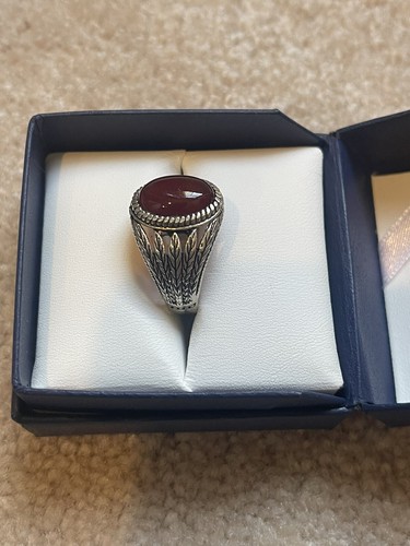 Men Ring STERLING SILVER 925 Natural Red AGATE AQEEQ Size 11 - Picture 2 of 3