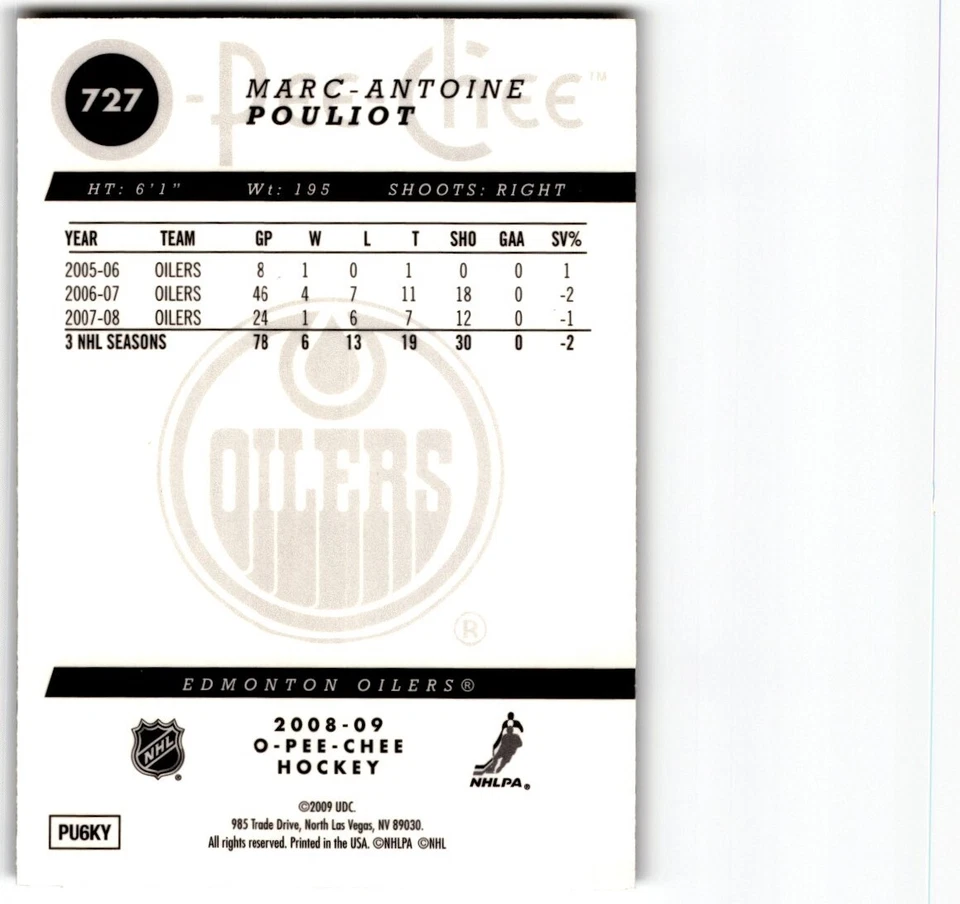 Marc-Antoine Pouliot 2008-09 O-Pee-Chee Metal #727 Edmonton Oilers - Image 2 of 2