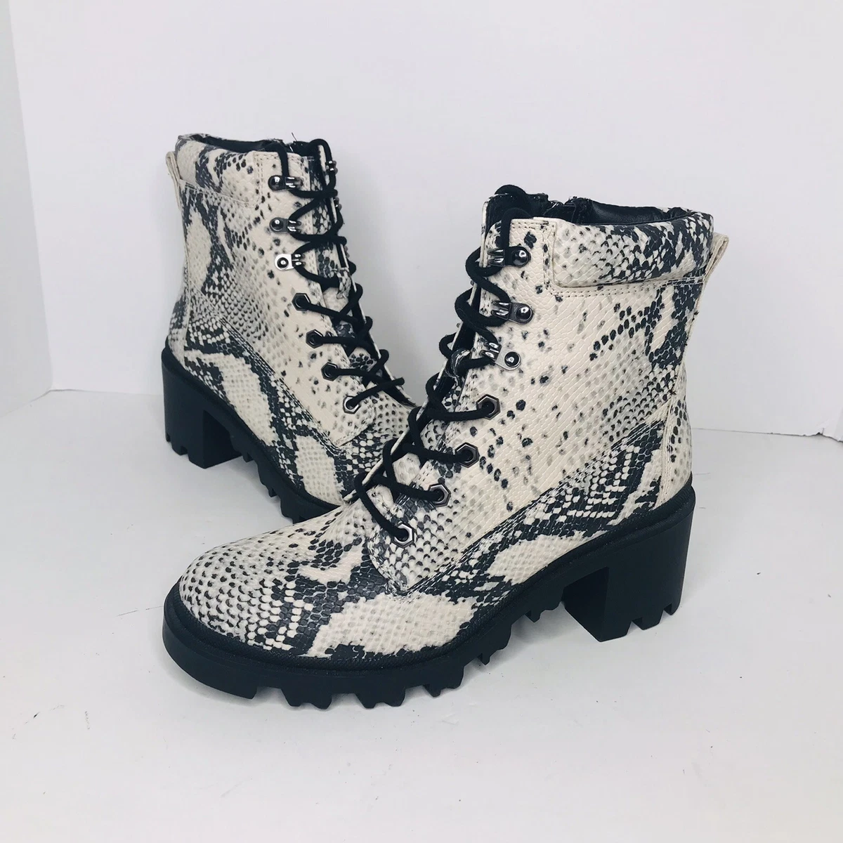 Madden Girl Dillan Faux Snake Skin Chunky Heel Combat Boots Women s 9.5 NWOB New