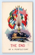 WWI THE END of Perfect Day Germany Helmet Allied Powers Flags Postcard c.1918