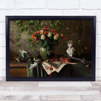 Mit Geige Blumen Musik Rosen Buch alte Vase Instrument Blume Wandbild Druck