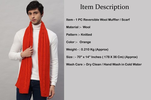 Men's WINTER CASHMERE KNITTED SCARF SOLID ORANGE Made in India Soft Wool Wrap - Afbeelding 7 van 7