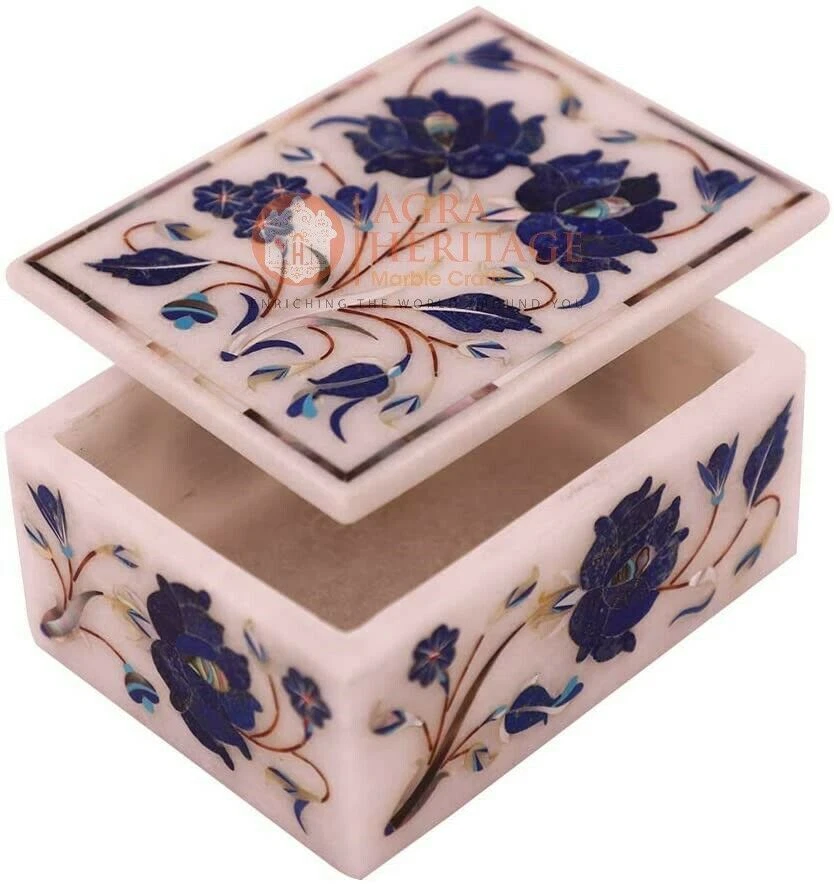 3"x2"x2" White Jewelry Lidded Box Lapis Floras Marquetry Art Halloween Gift Deco - Image 3 of 4