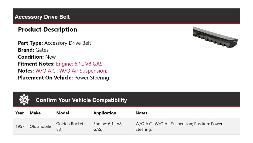 Para Oldsmobile Golden Rocket 88 1957 6,1 L V8 correa de transmisión de gas puertas de dirección asistida Foto 2 de 4