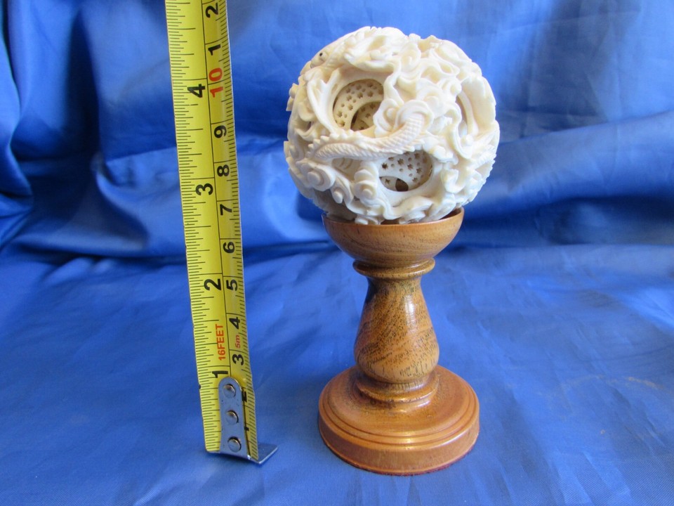 Old Chinese Carved Dragon Puzzle Ball & Wooden Stand 5" tall Many