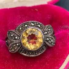 Vintage Sterling Silver Marcasite Citrine Ring . Art deco Style jewelry