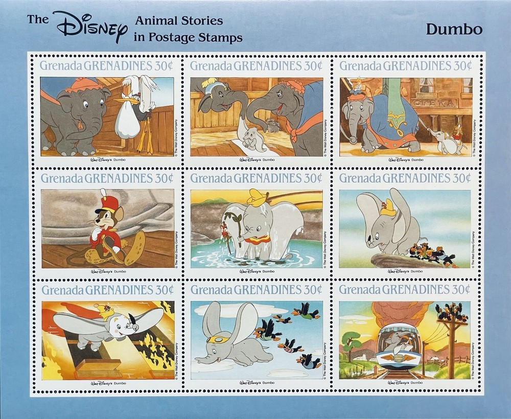 GRENADA GREN DISNEY ANIMAL STORIES DUMBO STAMPS SHEET OF 9 - 1988 MNH ELEPHANT