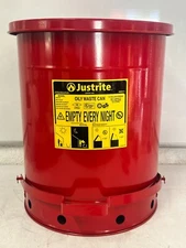 Justrite  14 Gallon Steel Red Oily Waste Can Hands-Free Self-Closing Cover 09508