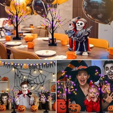 2 Pack 24 Inch Halloween Black Spooky Tree with Orange Purple Lights,